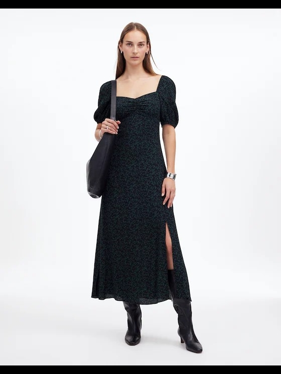 New! Madewell Black Floral Puff-Sleeve Maxi Dress With Side Slit